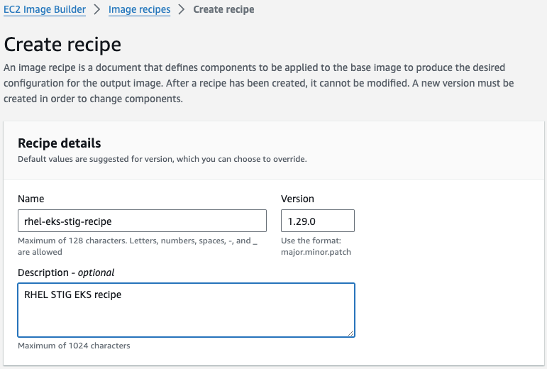 Figure 5. EC2 Image Builder recipe creation