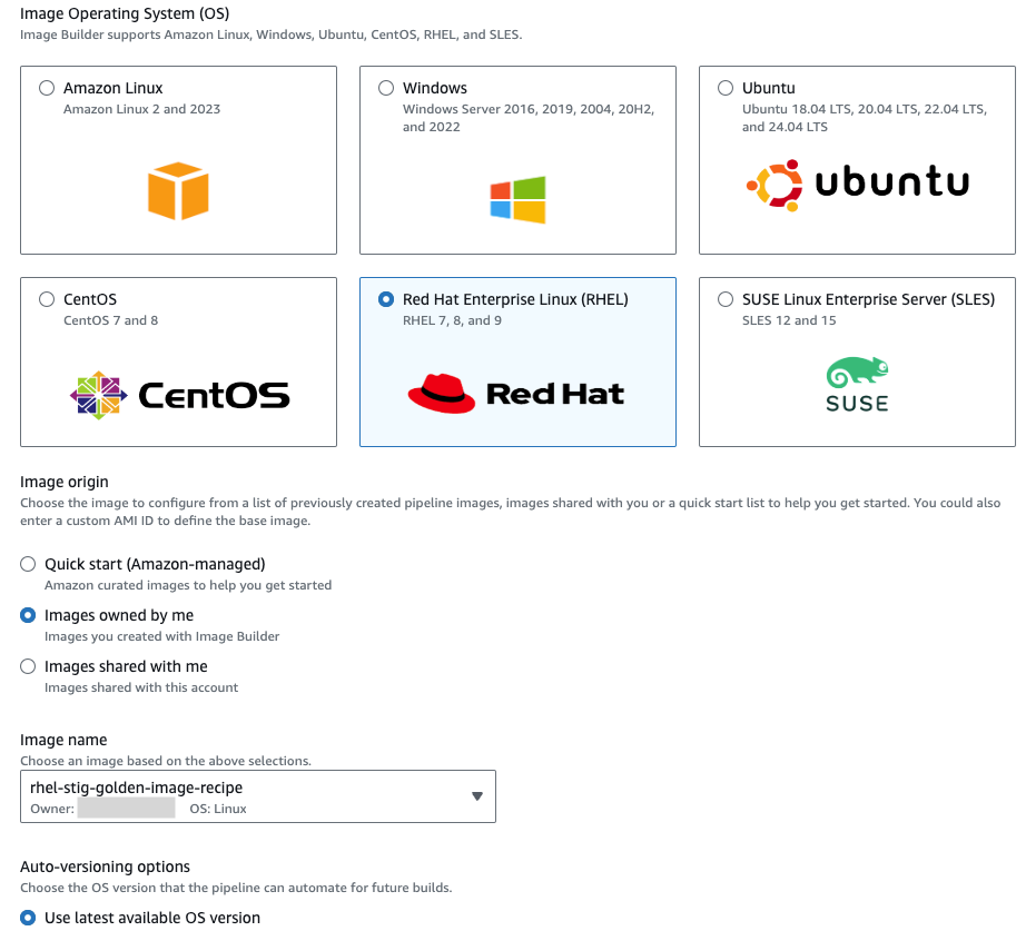 Figure 6. EC2 Image Builder recipe Operating System selection