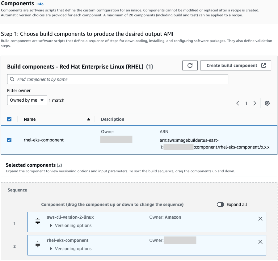 Figure 7. EC2 Image Builder recipe build component selection