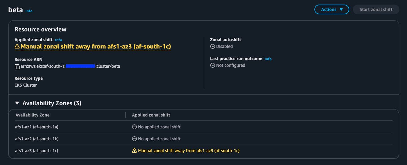 ARC zonal shift console showing a shift in progress