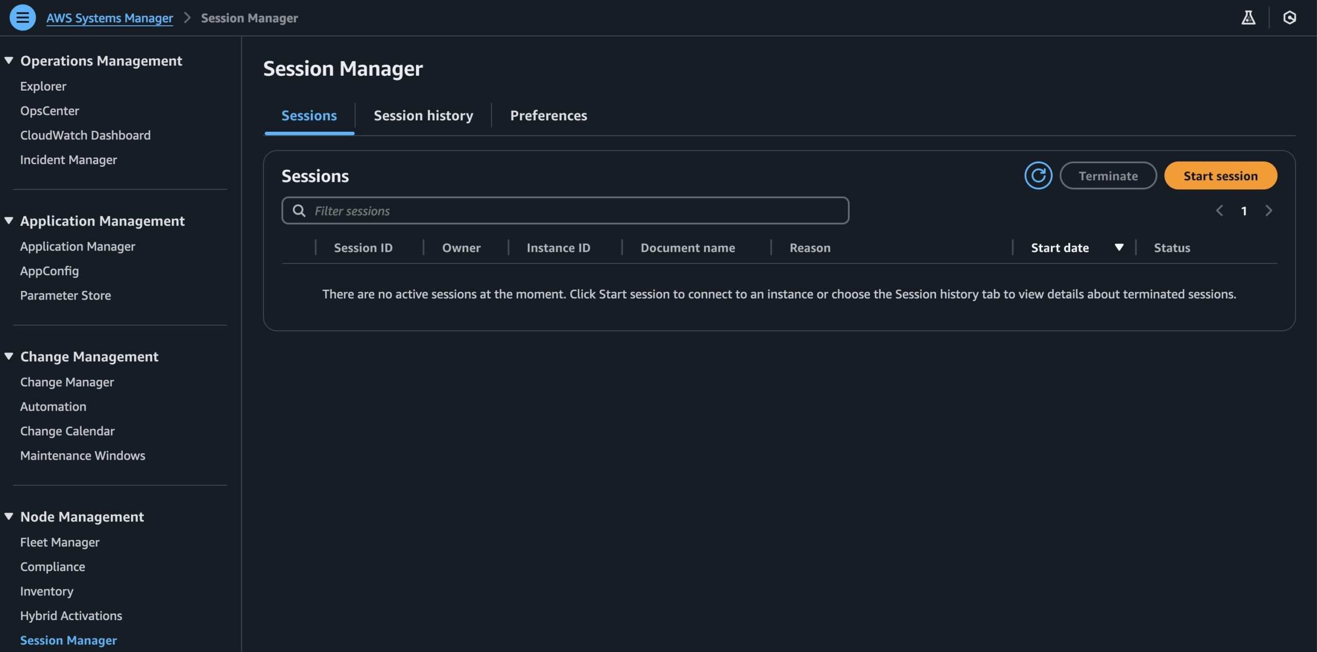 Figure 1: AWS Systems Manager console, Session Manager page