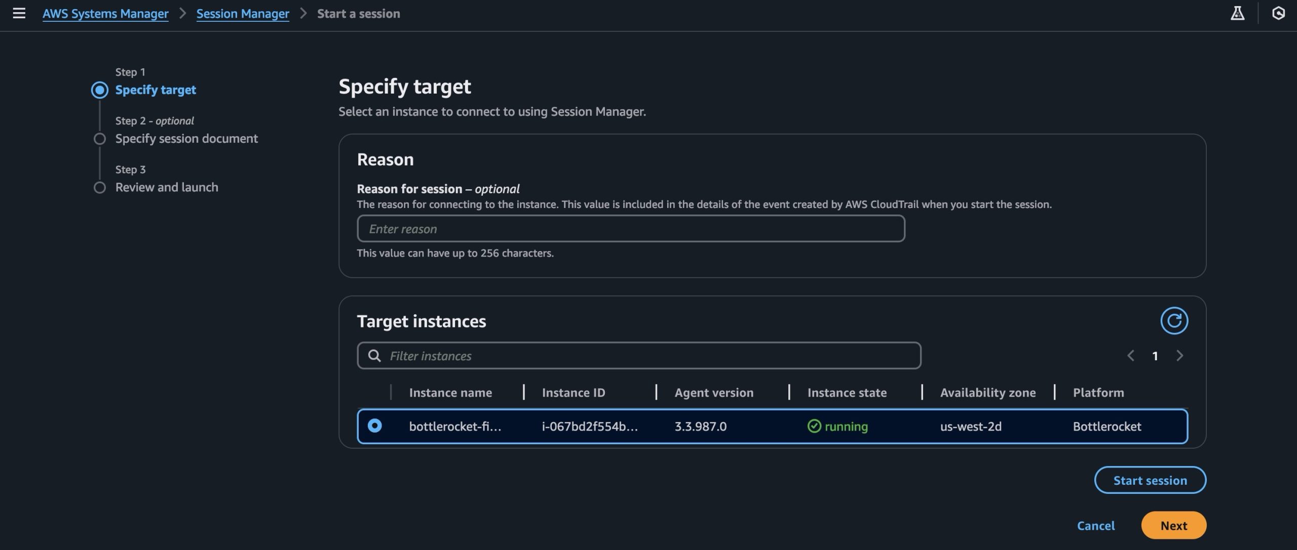 Figure 2: AWS Systems Manager Session Manager console, Target Instances page