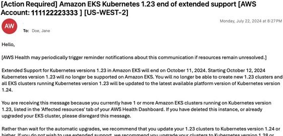 Figure 5: Sample end of support notification