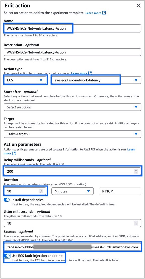 AWS Fault Injection Service experiment interface showing configuration settings for fault injection action.