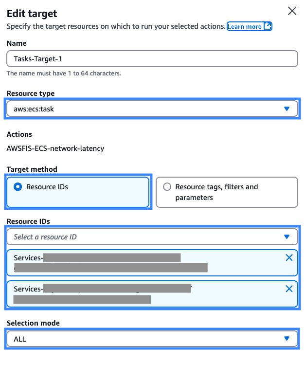AWS Fault Injection Service experiment interface showing configuration settings for fault injection target.