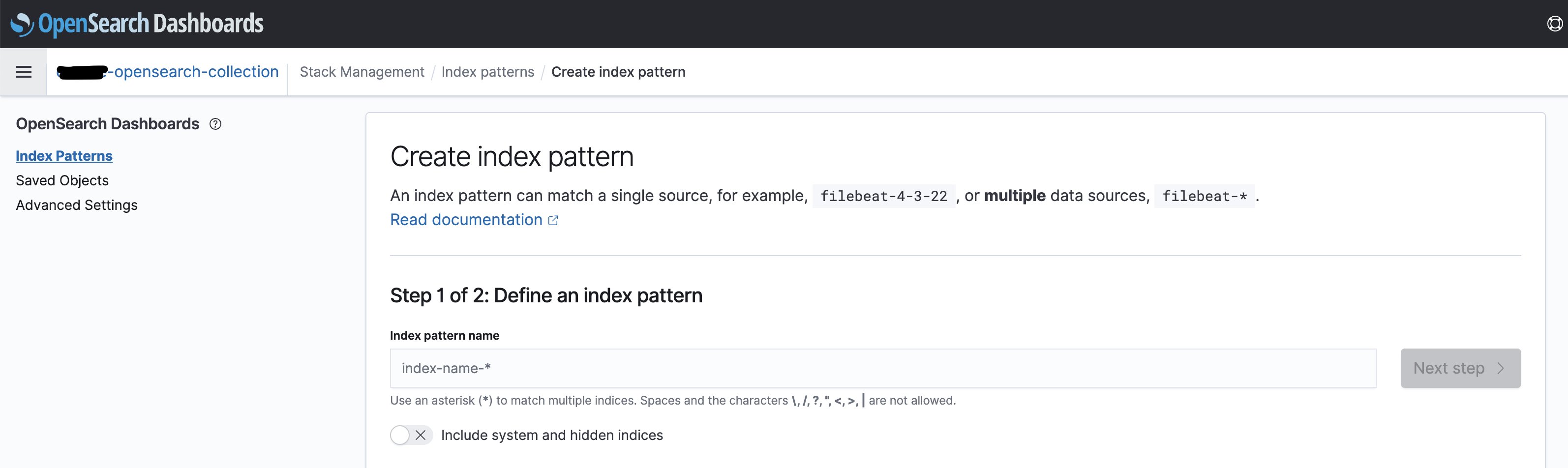Diagram illustrating creation of index pattern in the OpenSearch Dashboards console.