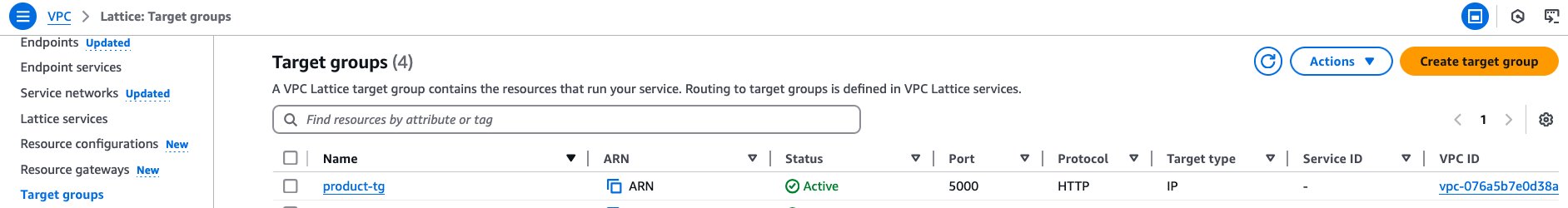 Target Group showing ‘product-tg’ in AWS management console