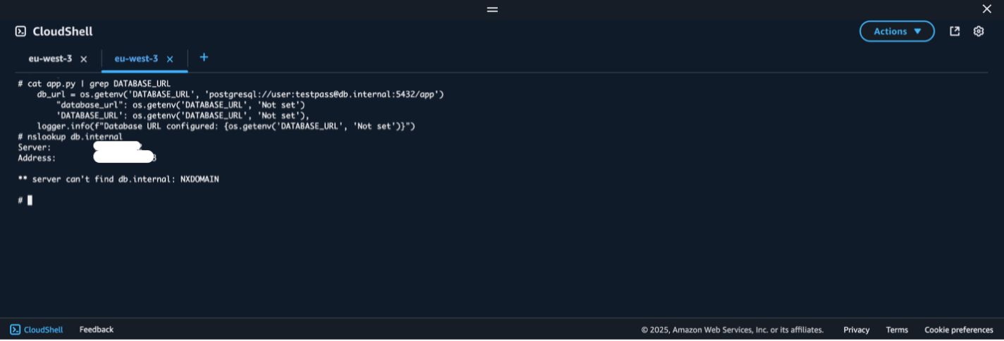 AWS CloudShell terminal displaying PostgreSQL database connection error with environment variable check