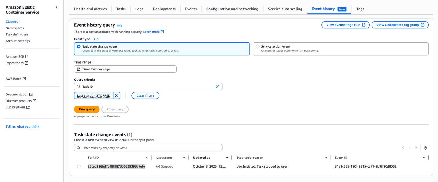 Comprehensive ECS event history query interface showing: Navigation options for EventBridge rule and CloudWatch log group access Task state monitoring configuration with: Event type selection (Task state change selected) 24-hour time range setting Query criteria with Task ID filter Status filter set to "STOPPED" Run/Stop query controls with 60-minute timeout notice Results section displaying: One task state change event Detailed columns for Task ID, Last status, Update time, Stop reason, and Event ID Task stopped by user on October 8, 2025 Sortable columns and pagination controls The interface provides complete task monitoring capabilities with integrated AWS service connections.