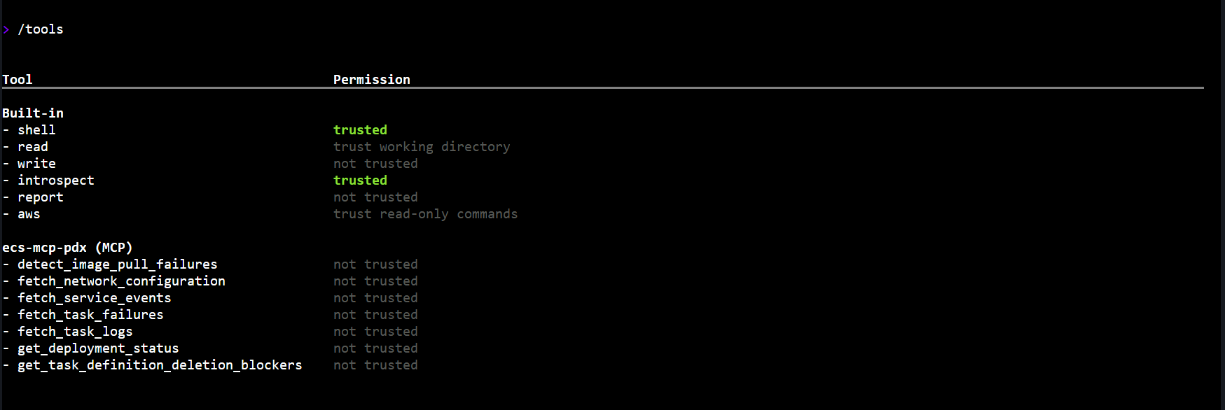 List of available tools in the remote Amazon ECS MCP server