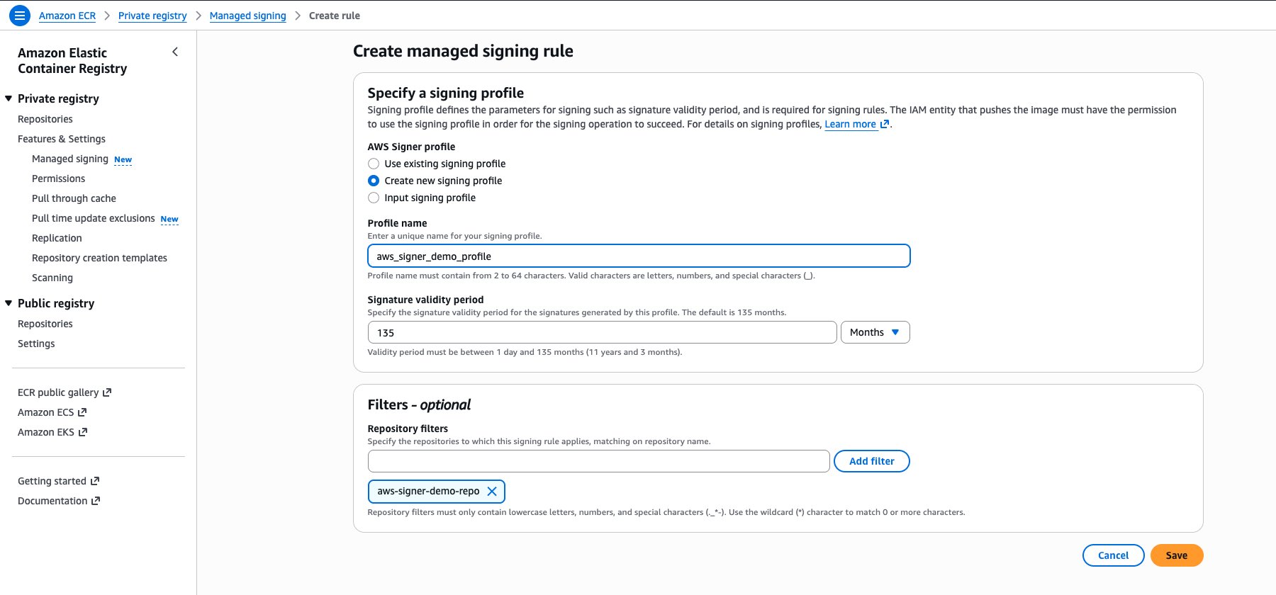 Console view of creating a managed signing rule