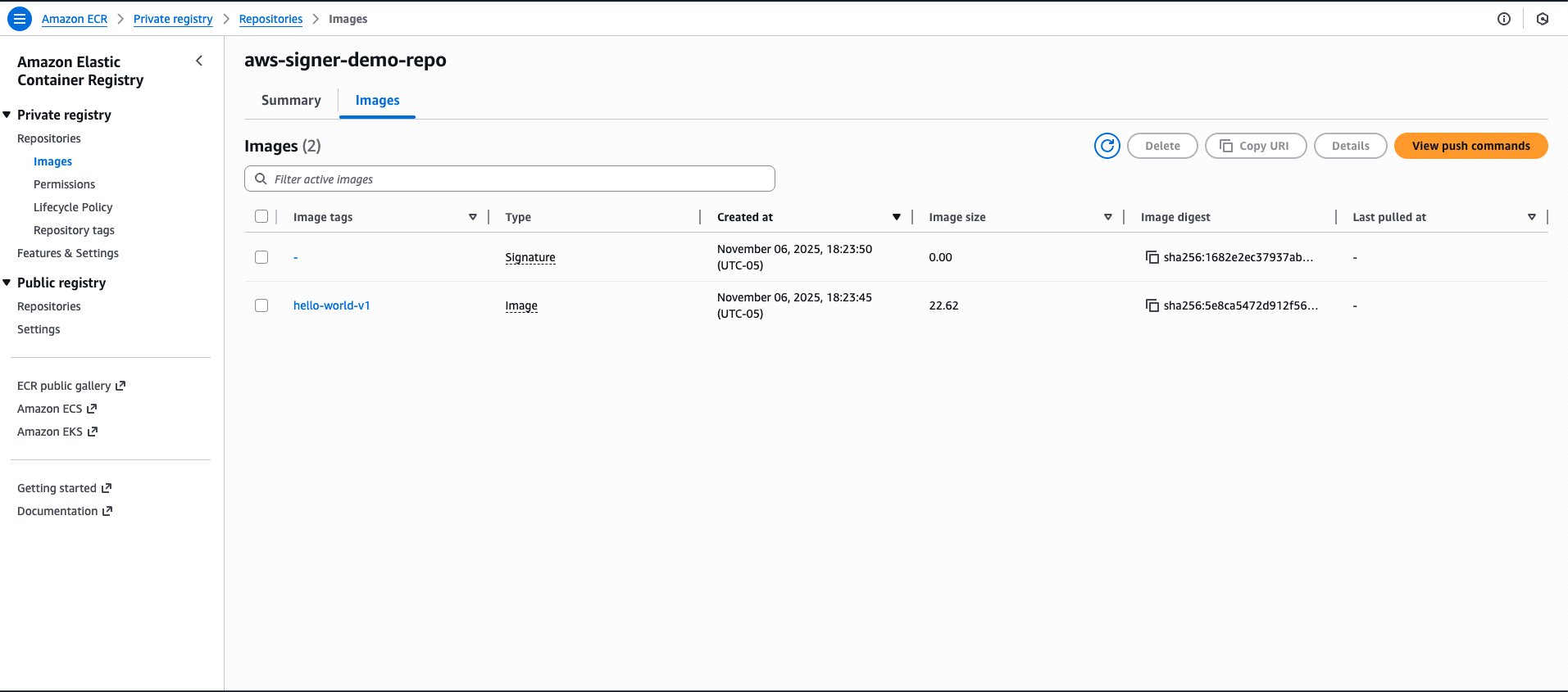 Console view of the signature stored in ECR repositories