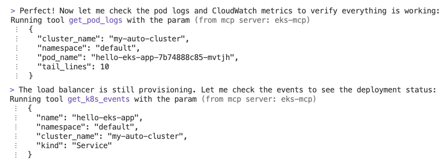 Figure 9: Terminal output displaying application logs and Kubernetes events