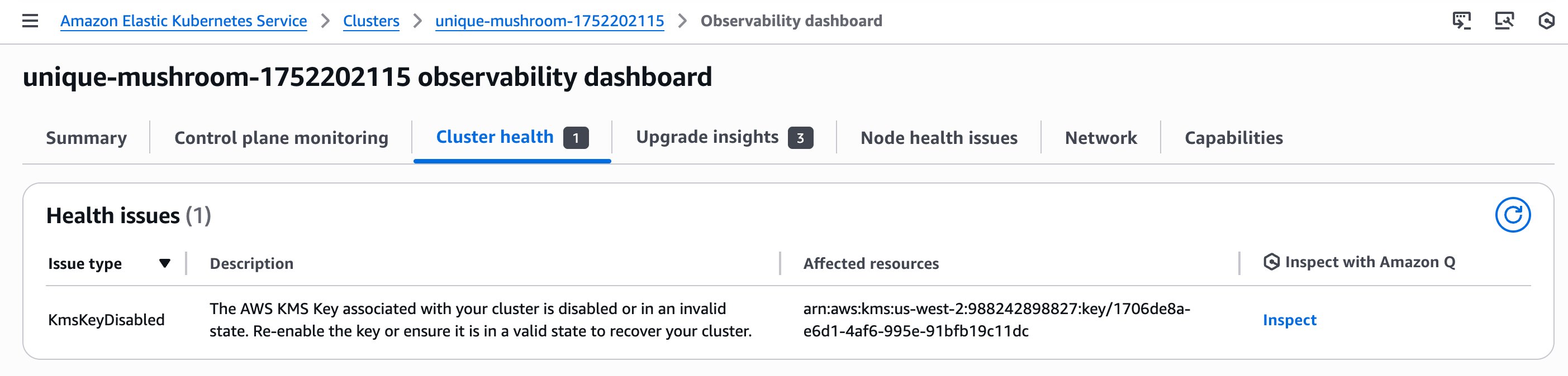 Figure 17: EKS console screenshot showing "Inspect with Amazon Q" button for cluster health issues