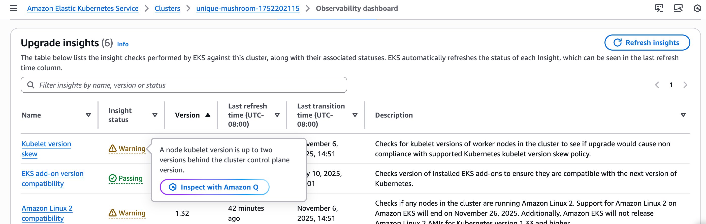 Figure 18: EKS console screenshot showing “Inspect with Amazon Q” button for upgrade insights warning