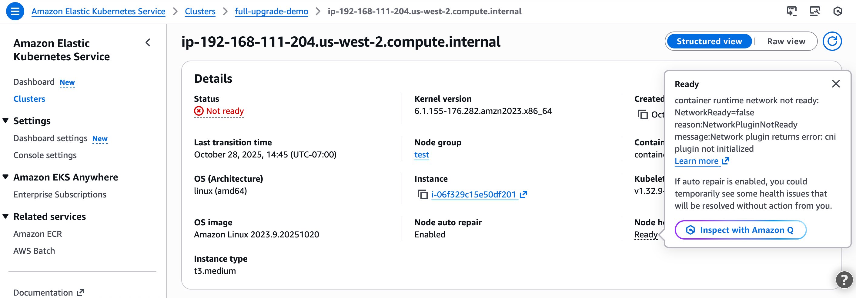 Figure 19: EKS console screenshot showing “Inspect with Amazon Q” button for node health status