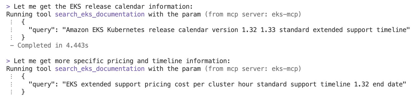 Figure 4: Terminal output displaying EKS documentation search results for upgrade timelines