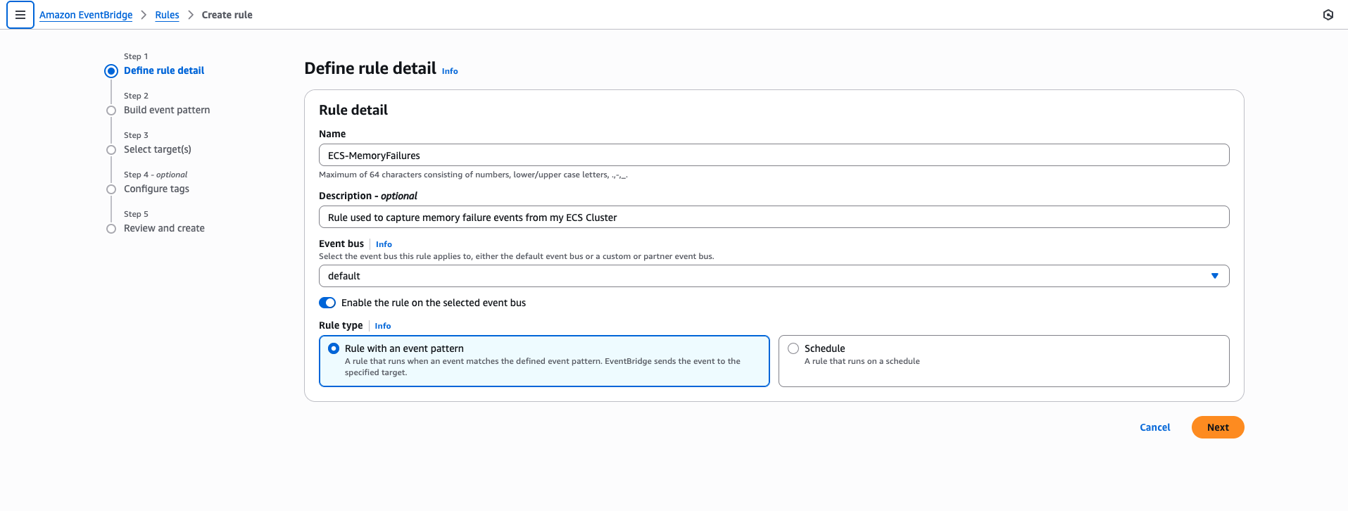 EventBridge rule creation interface showing basic configuration for ECS memory failure monitoring