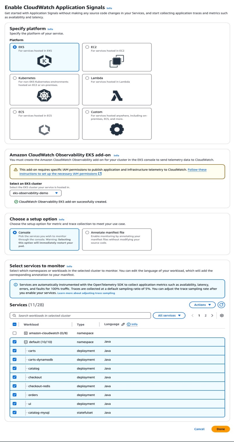 Figure 4: Enabling Application Signals for retail store microservices
