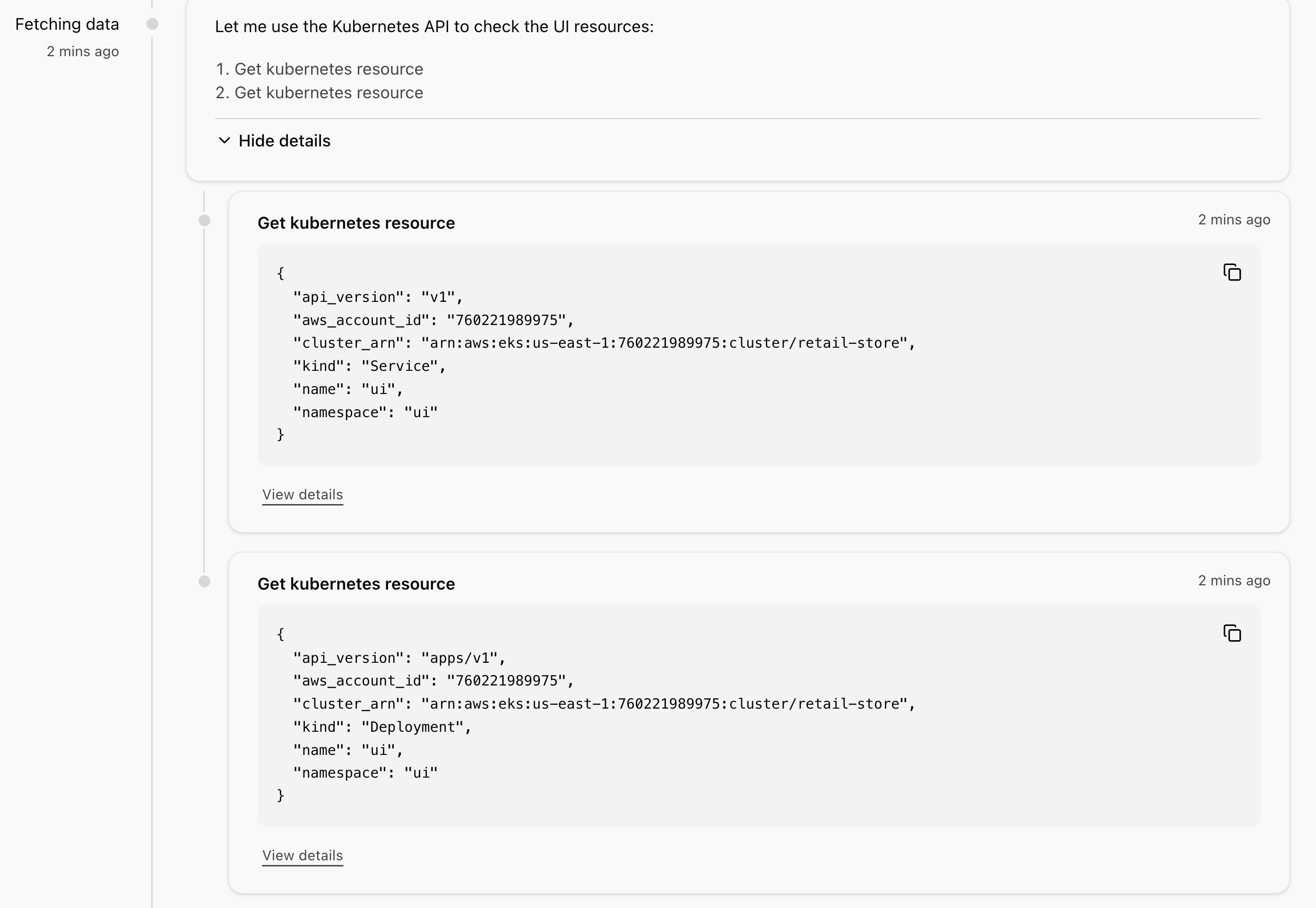 DevOps Agent fetching the Kubernetes objects