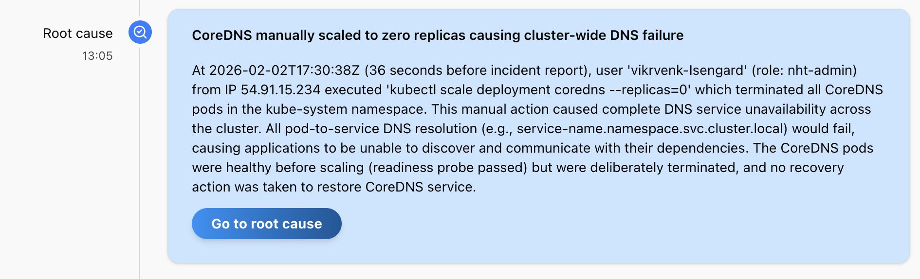 Root cause of scenario 2 shared by AWS DevOps Agent