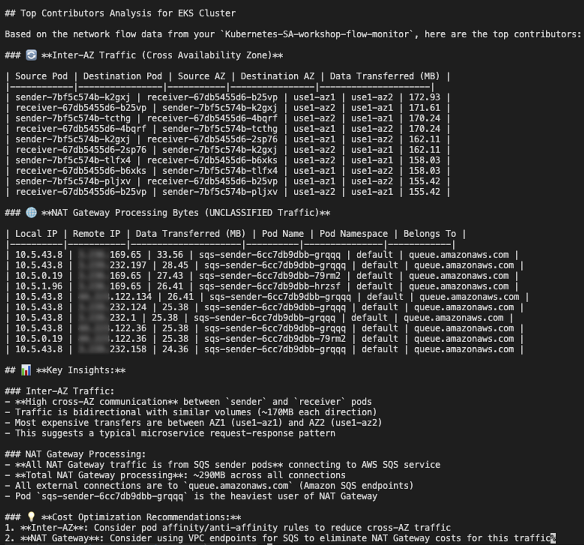 Terminal output showing AI agent results with tables displaying top Inter-AZ traffic contributors and NAT Gateway processing bytes by workload.