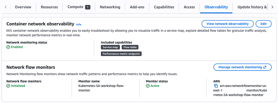 Screenshot of Amazon EKS cluster configuration showing Container Network Observability settings.