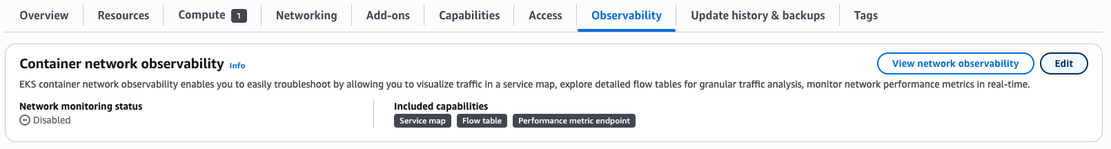 Screenshot of the Amazon EKS console Observability tab with the Edit button highlighted for enabling network monitoring