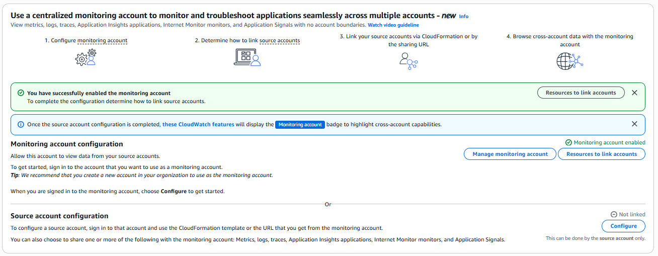 Screenshot of the bottom section of the CloudWatch Monitoring account configuration page, showing the Configure button on the bottom right corner to finalize the cross-account observability sink creation with the selected telemetry data types and source account settings.