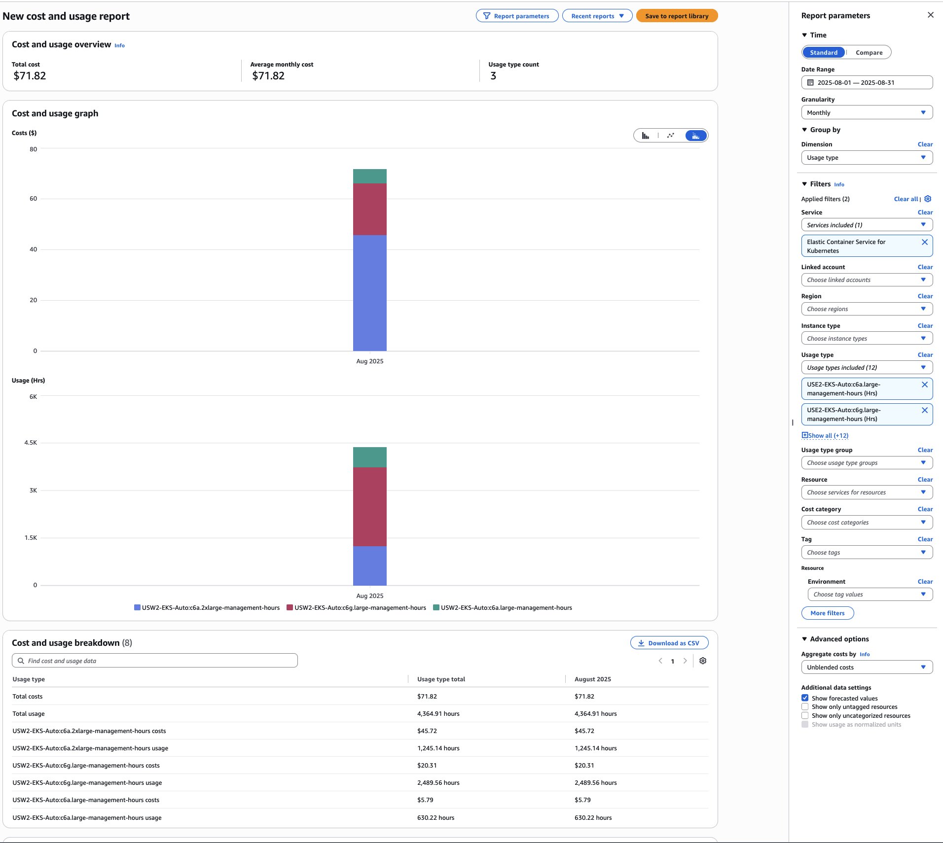 Screenshot of the AWS Cost Explorer showing costs filtered by Usage Type dimension for Amazon EKS Auto Mode