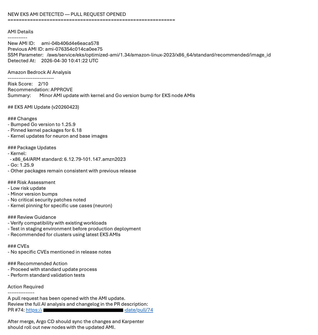 EKS AMI detection alert notification showing a new AMI (ami-04b406d4e6eaca578) detected with Amazon Bedrock AI risk analysis scoring 2/10, recommending approval for a minor kernel and Go version update, with Pull Request #74 opened for review.