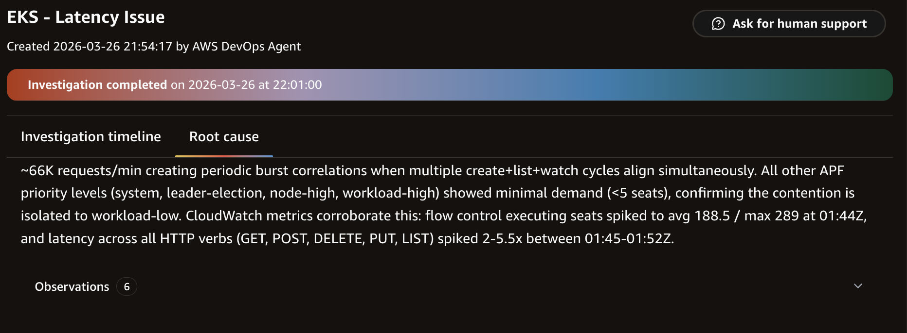 AWS DevOps Agent root cause determination interface with synthesized findings