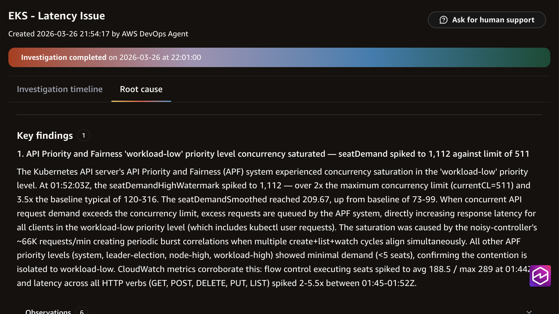 AWS DevOps Agent summarizing key findings from the investigation