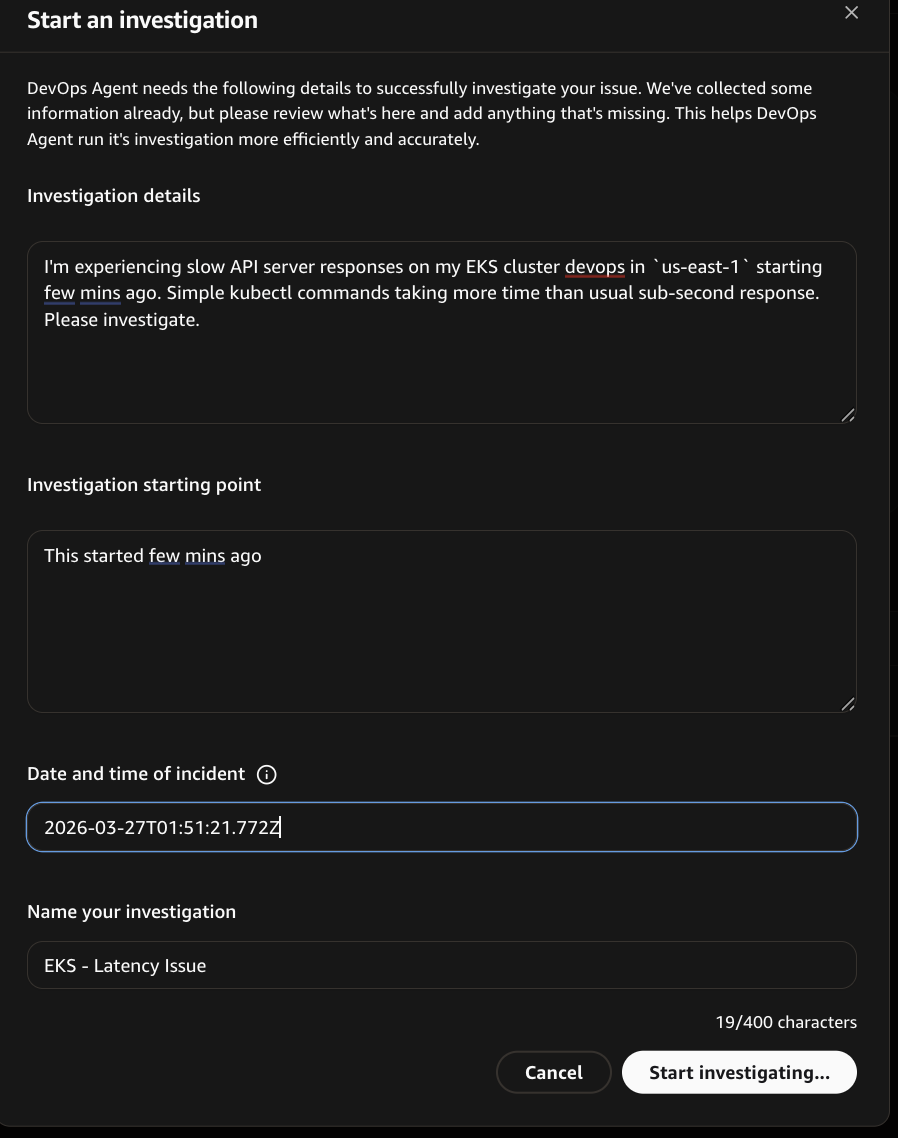 AWS DevOps Agent investigation start interface showing diagnostic prompt submission
