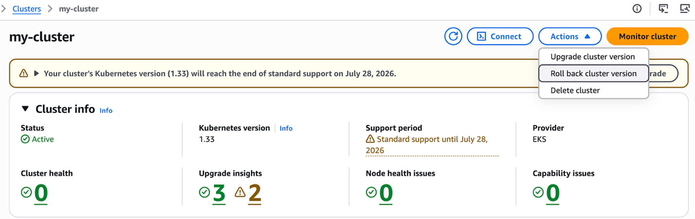 Amazon EKS console showing the Roll back cluster version action with rollback insights and target version selection