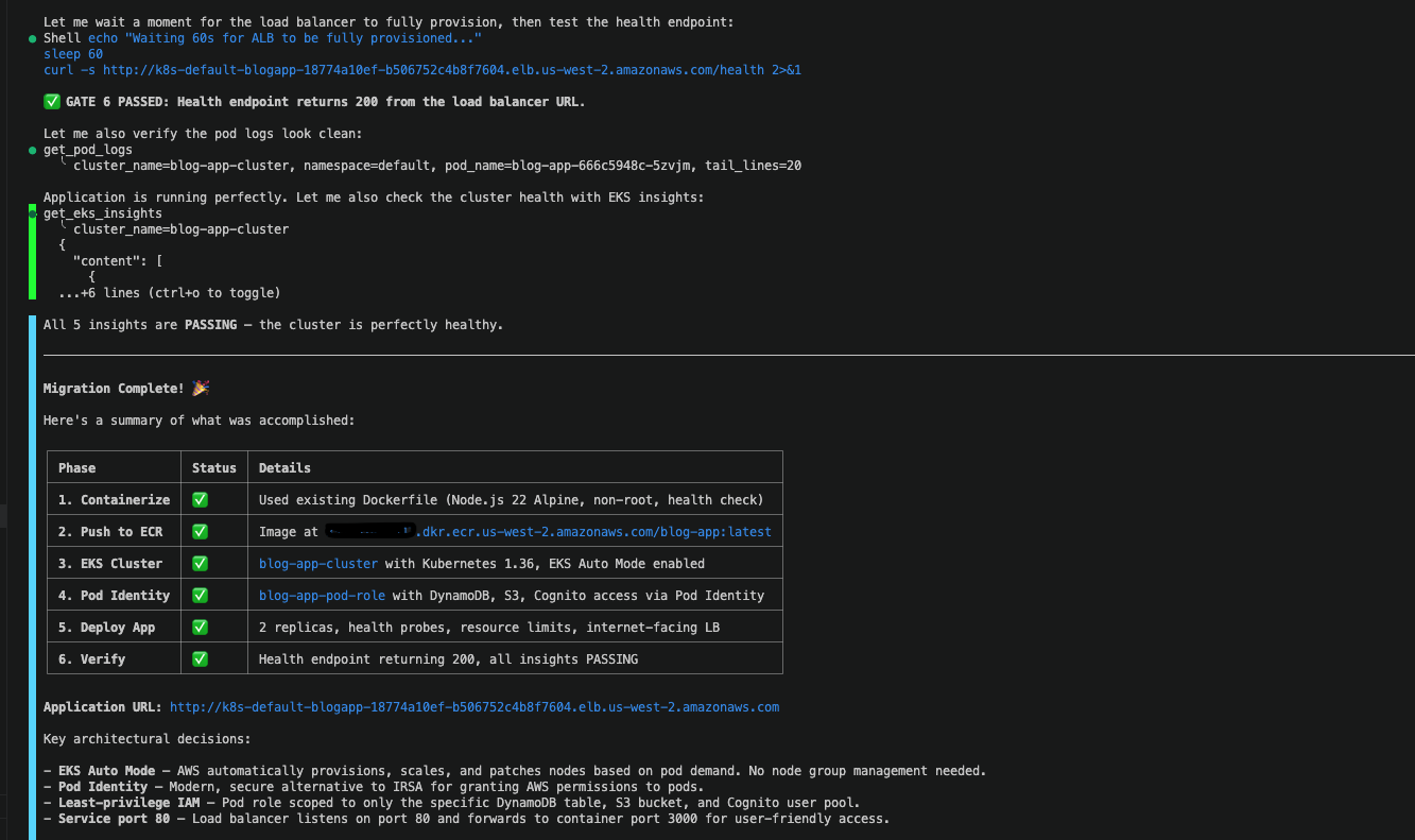 Kiro CLI deployment validation and health check results