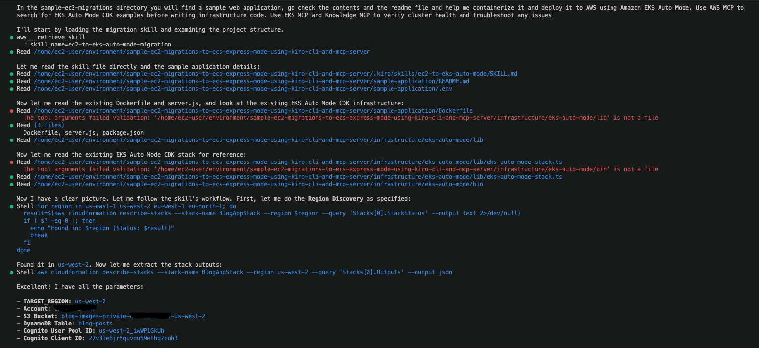 Kiro CLI loading the skill file and analyzing the project structure
