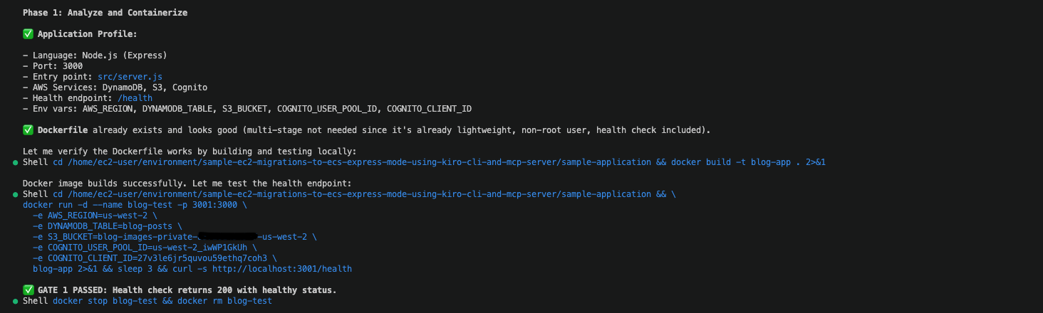 Kiro CLI validating existing assets and containerizing the application