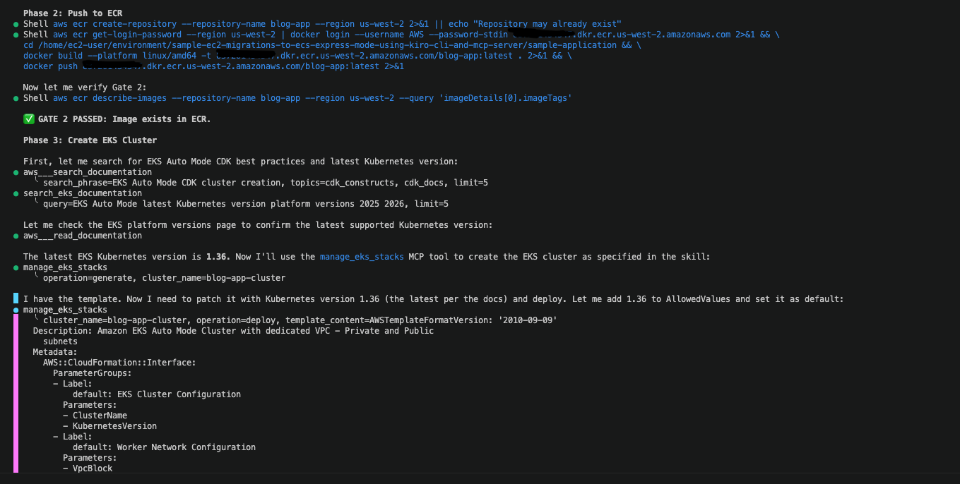 Kiro CLI skill gate validation and EKS Auto Mode stack execution