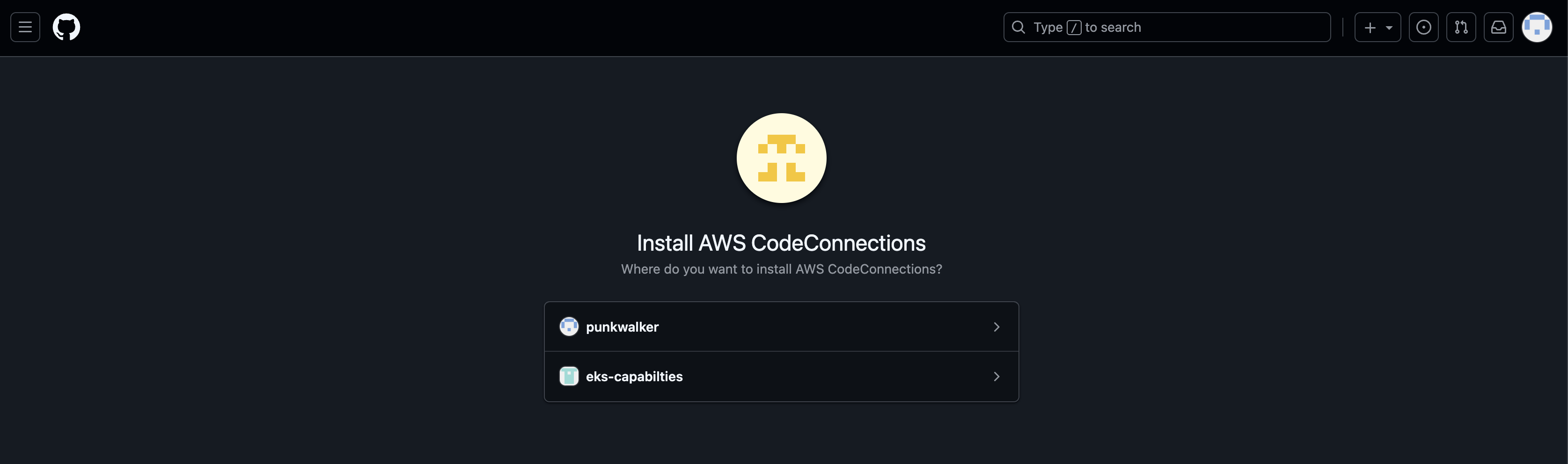 GitHub App installation page for selecting a user or organization