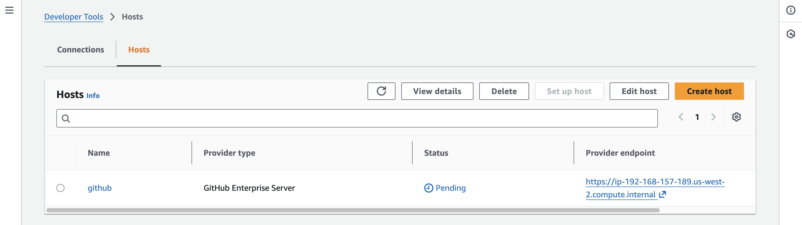 Host dashboard on the AWS Management Console showing the created host in Pending status