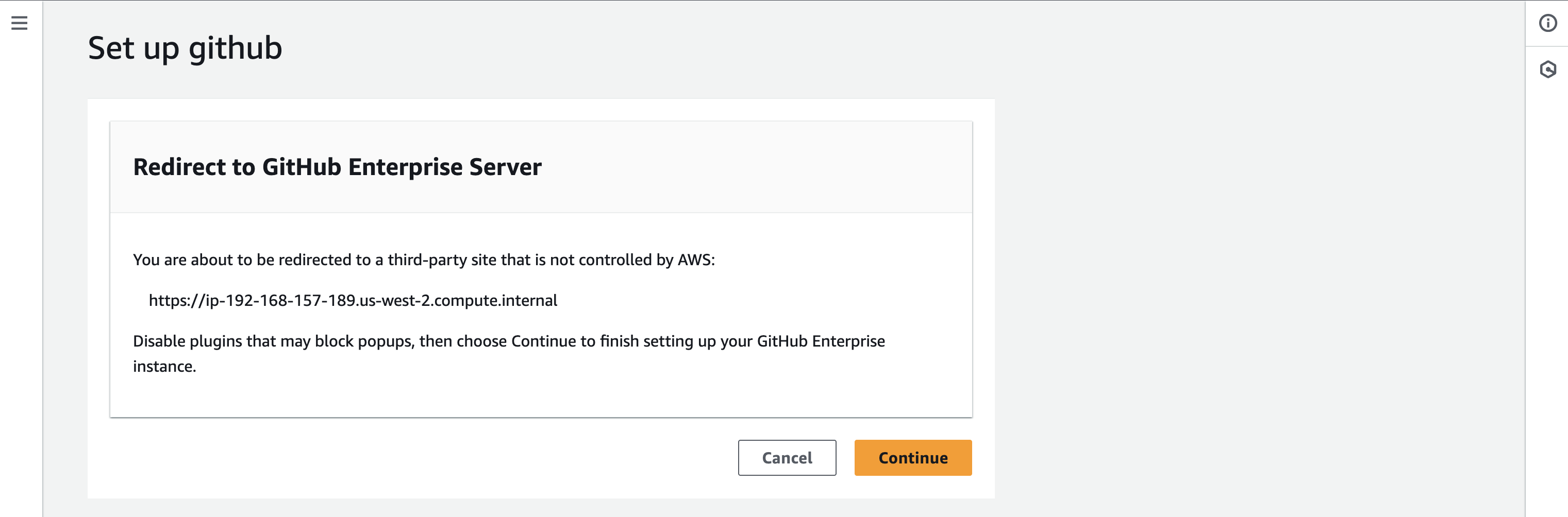 CodeConnections host setup page prompting to continue to the Git endpoint