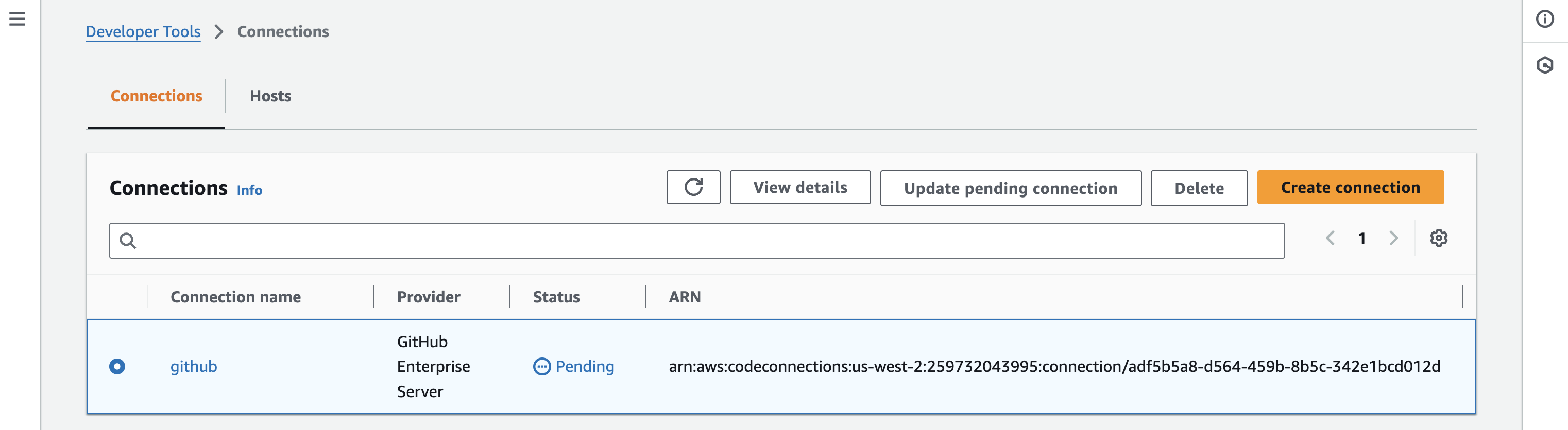 Connections dashboard showing the new connection in Pending status
