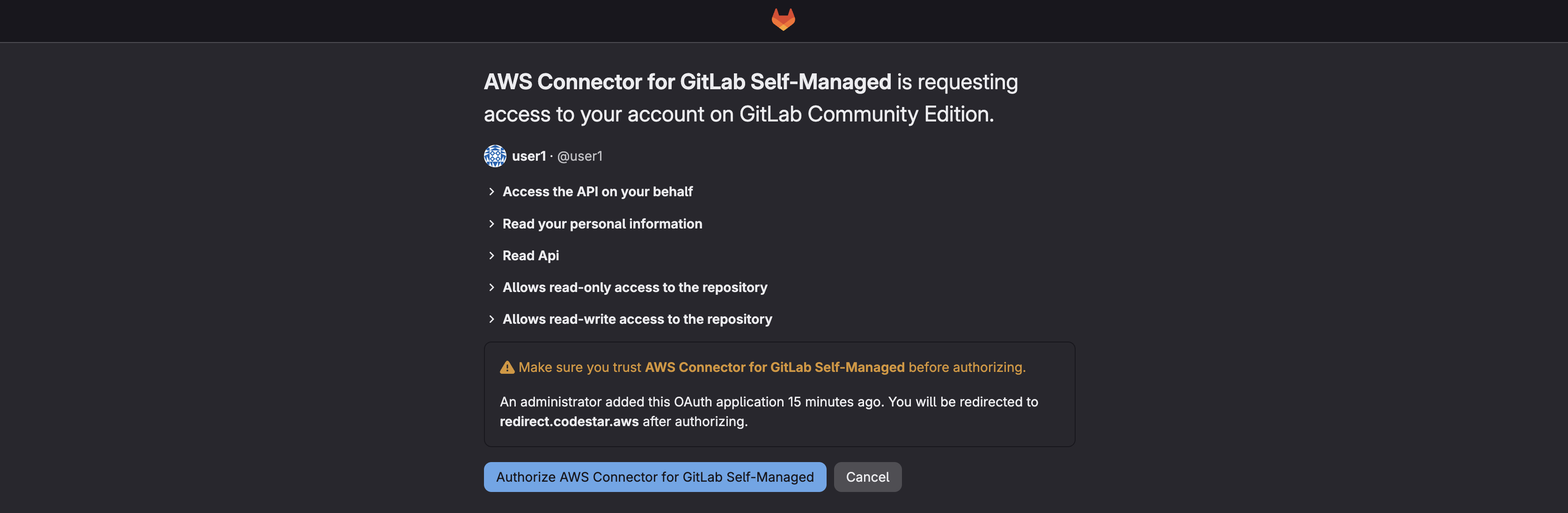 Git server authorization page for the AWS Connector app