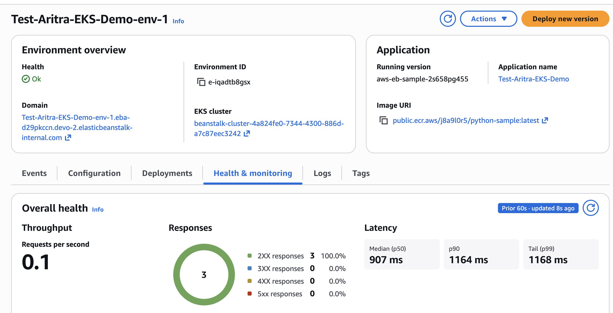 Elastic Beanstalk console showing a successfully deployed application with health, cluster, and environment details