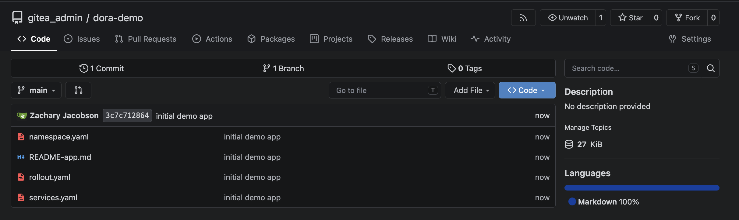 Gitea showing the seeded dora-demo repository and its Kubernetes manifests