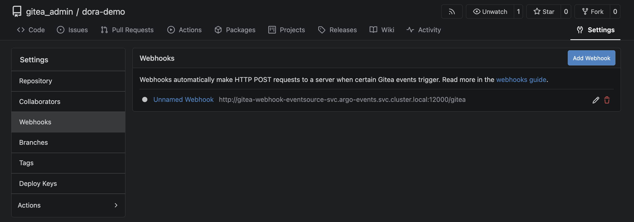 Gitea Settings page showing the webhook that sends issue and pull request events to Argo Events